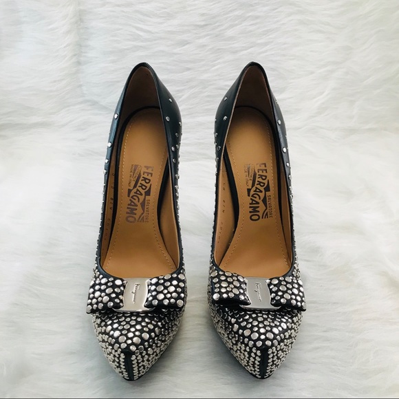 FERRAGAMO Black Silver Sina Louvre Studs Pumps - Picture 2 of 8